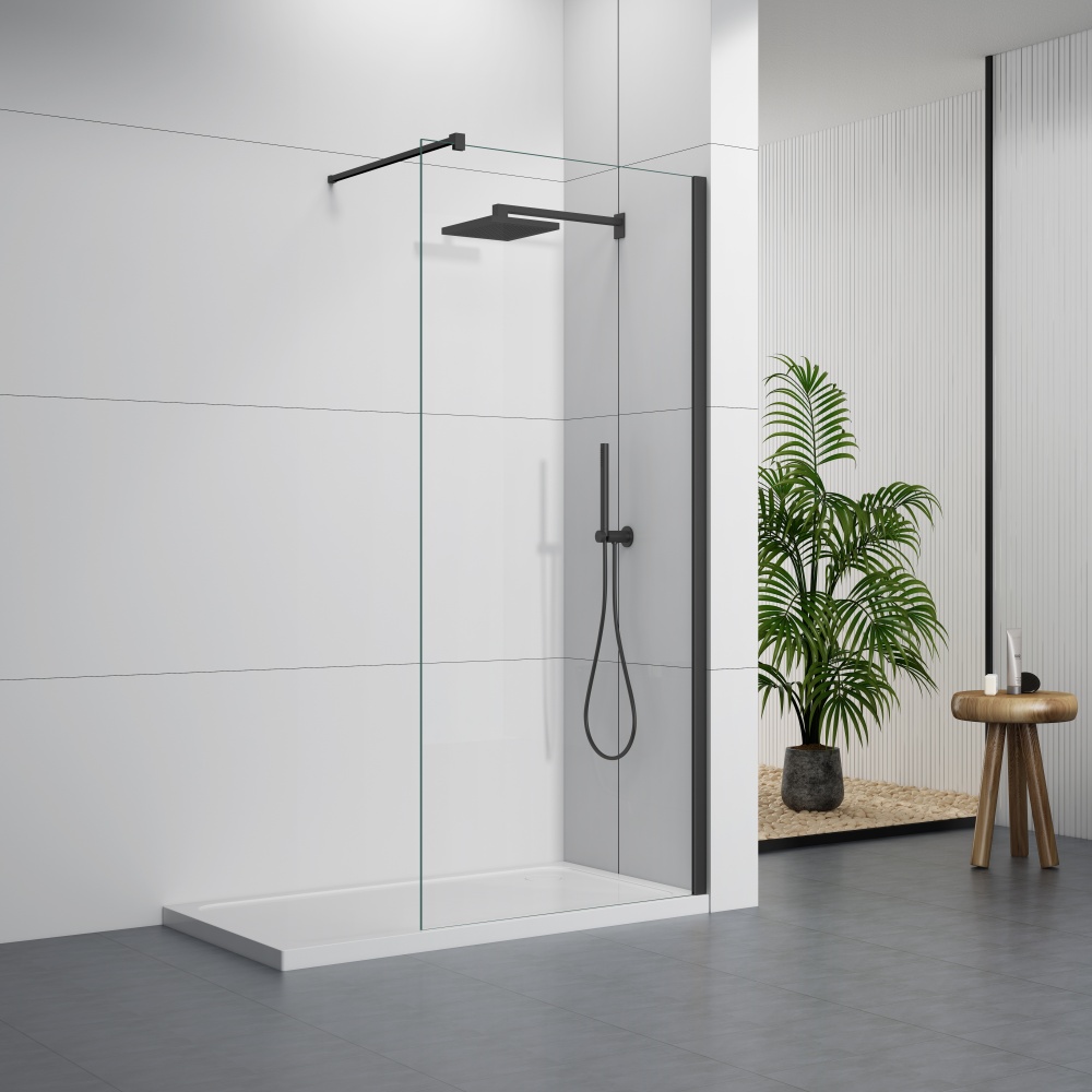 D102B 6/8/10mm Black Walk-In Shower Door With Support Bar
