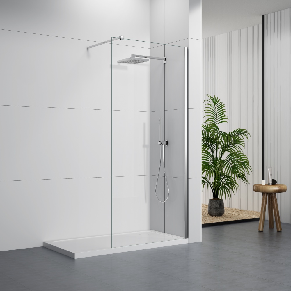 D102C  6/8/10mm Chrome Walk-In Shower Enclosure With Support Bar