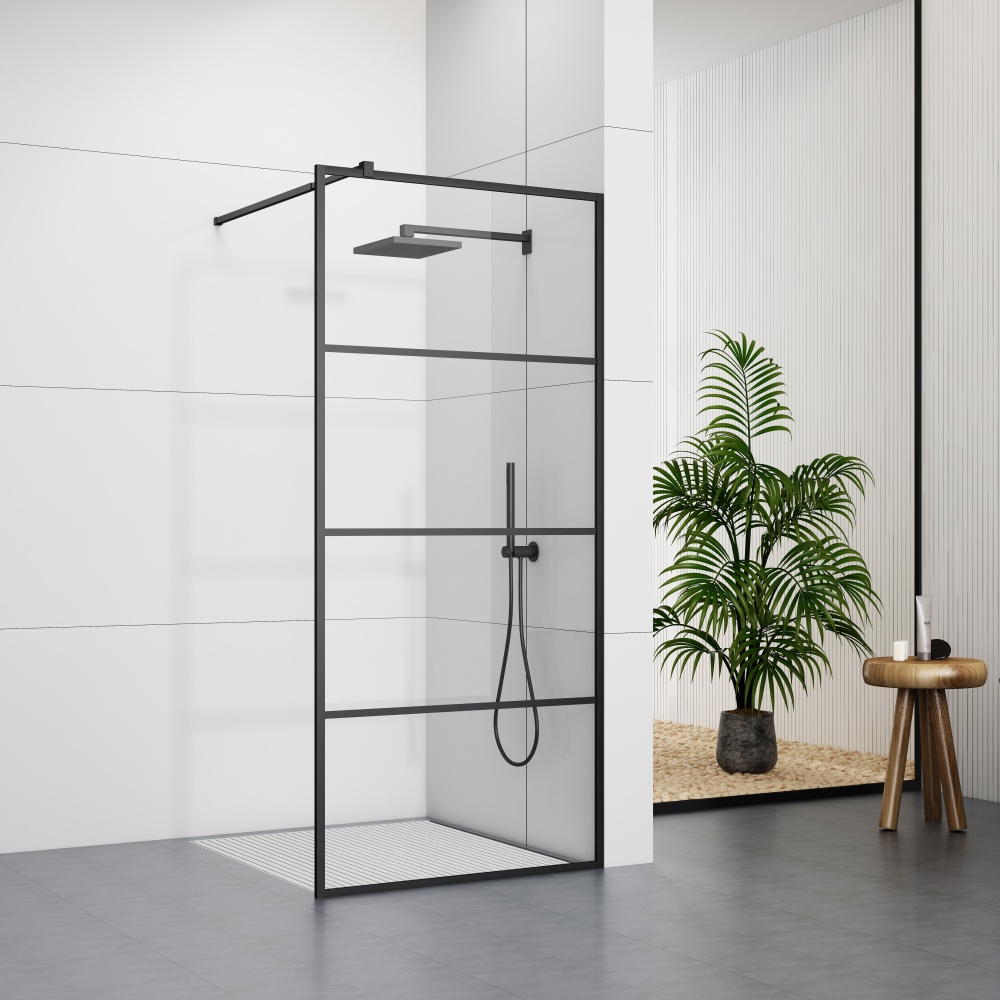 D106A Matt Black Grid 8mm Tempered Glass Walk-in Shower Door