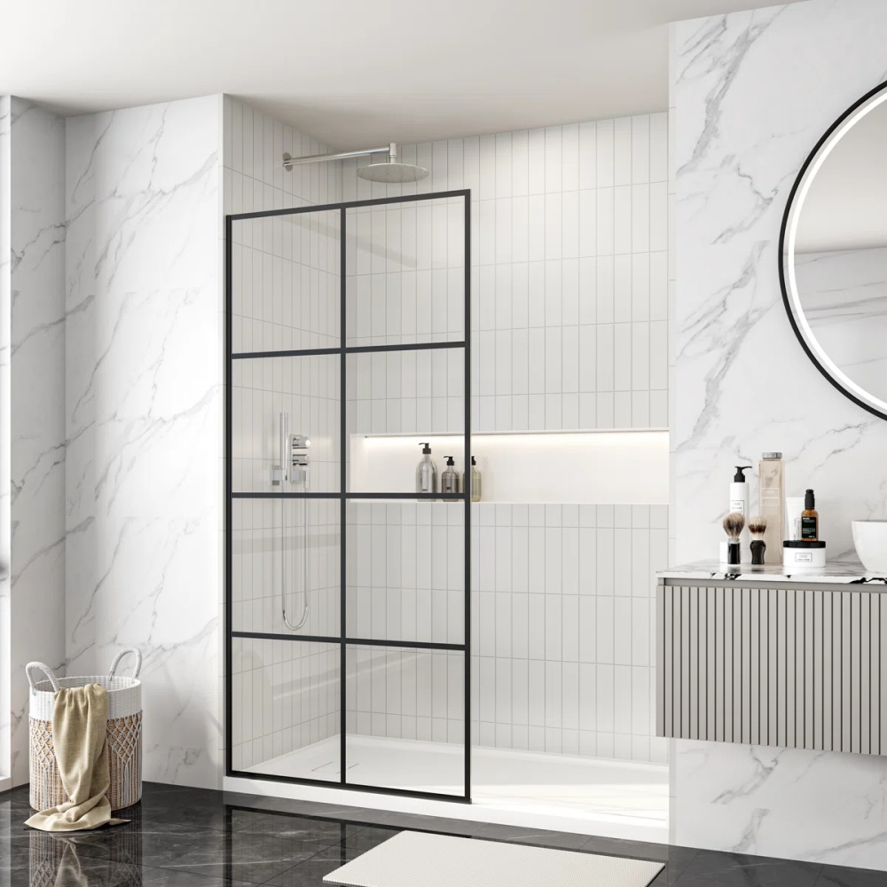 D108MB Matt Black Grid 8mm Tempered Glass Walk-in Shower Door - Image 2