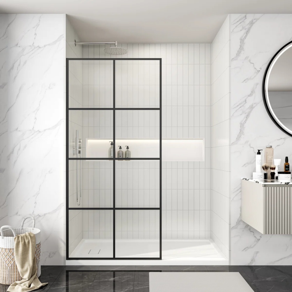 D108MB Matt Black Grid 8mm Tempered Glass Walk-in Shower Door