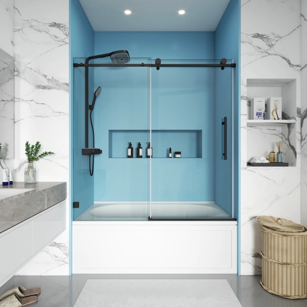 D31BMB  Single Sliding Frameless Bathtub Shower Door Round Guide Rail